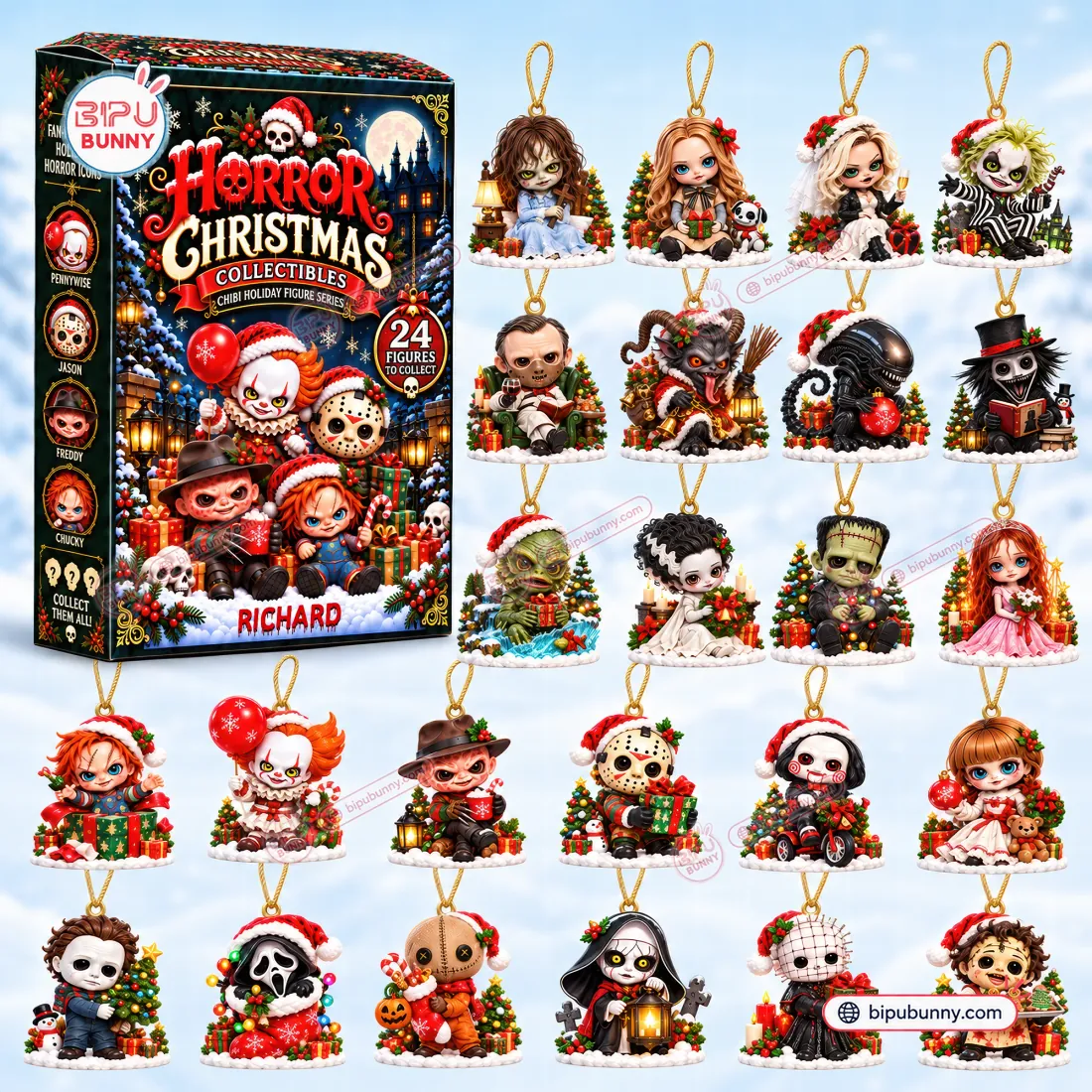 Full 24-figure lineup of the Horror Christmas Advent Calendar Blind Box next to the collector box