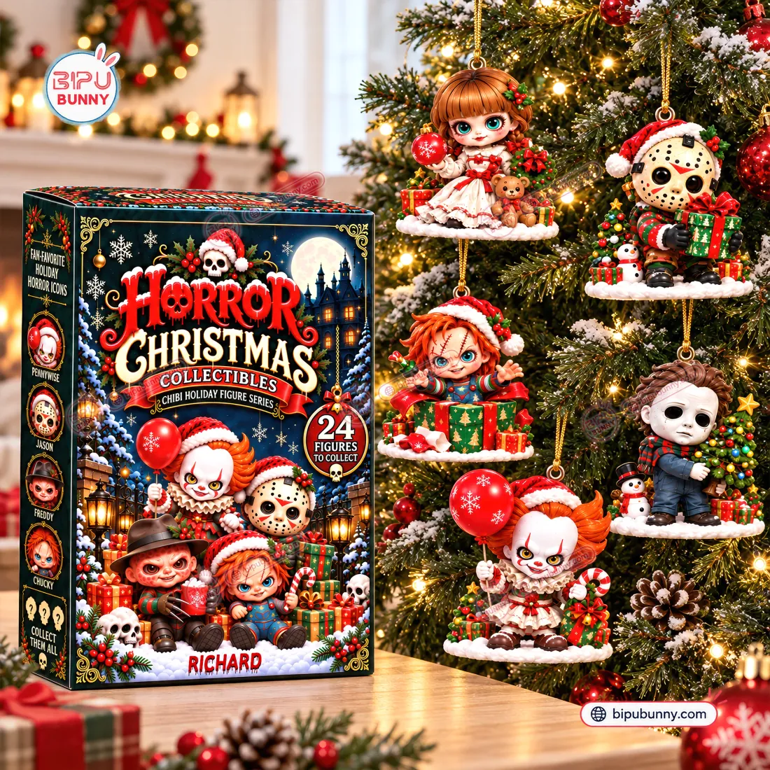 Chibi Annabelle, Jason Voorhees, Chucky, Michael Myers, and Pennywise ornaments hanging on a lit Christmas tree beside the Horror Christmas box