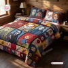 Front view of a patchwork quilt bedding set featuring horror movie characters on a wooden bed frame.