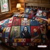 Front view of a patchwork quilt bedding set featuring horror movie character graphics.