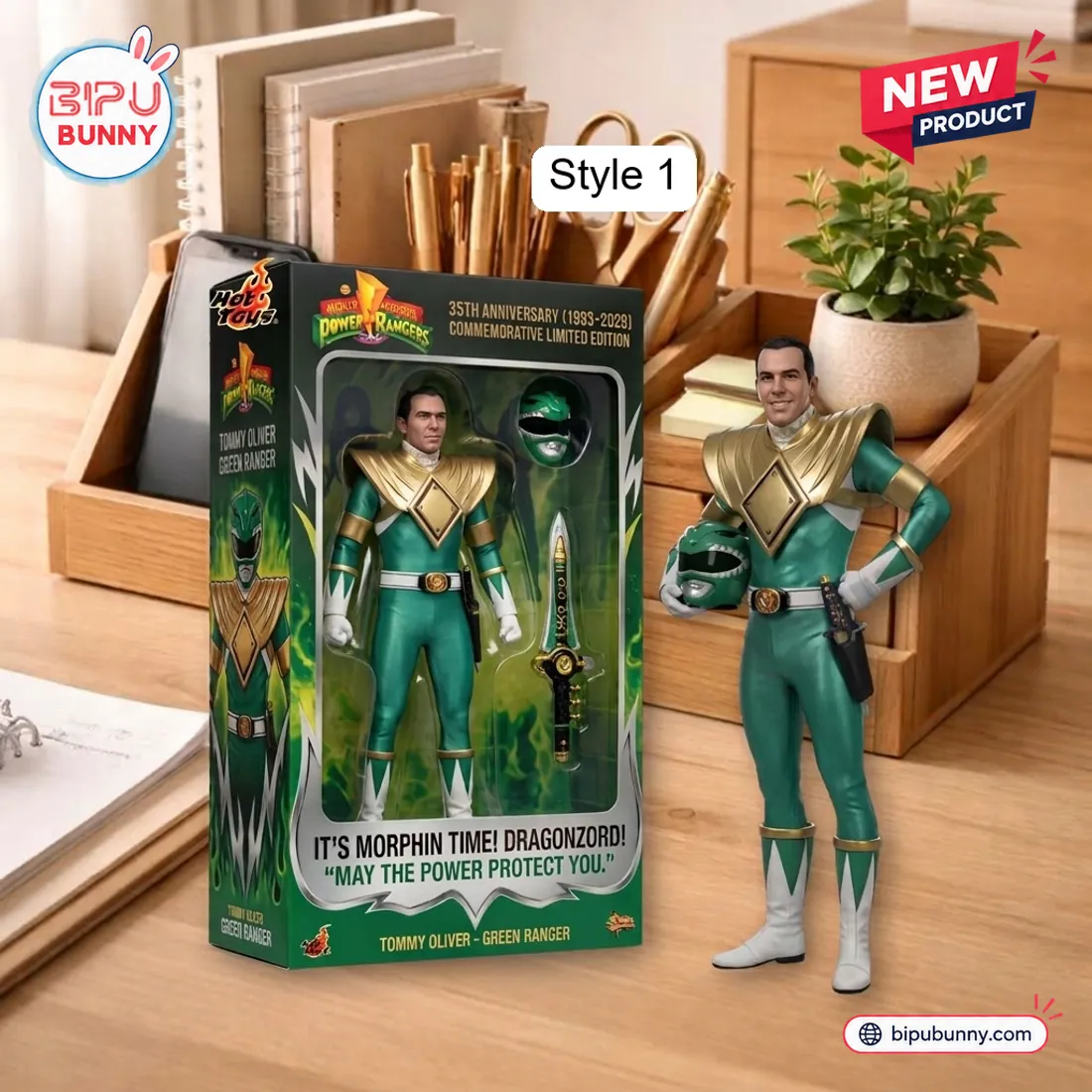 Front view of the Hot Toys Mighty Morphin Power Rangers Tommy Oliver Figure standing beside its commemorative packaging box.