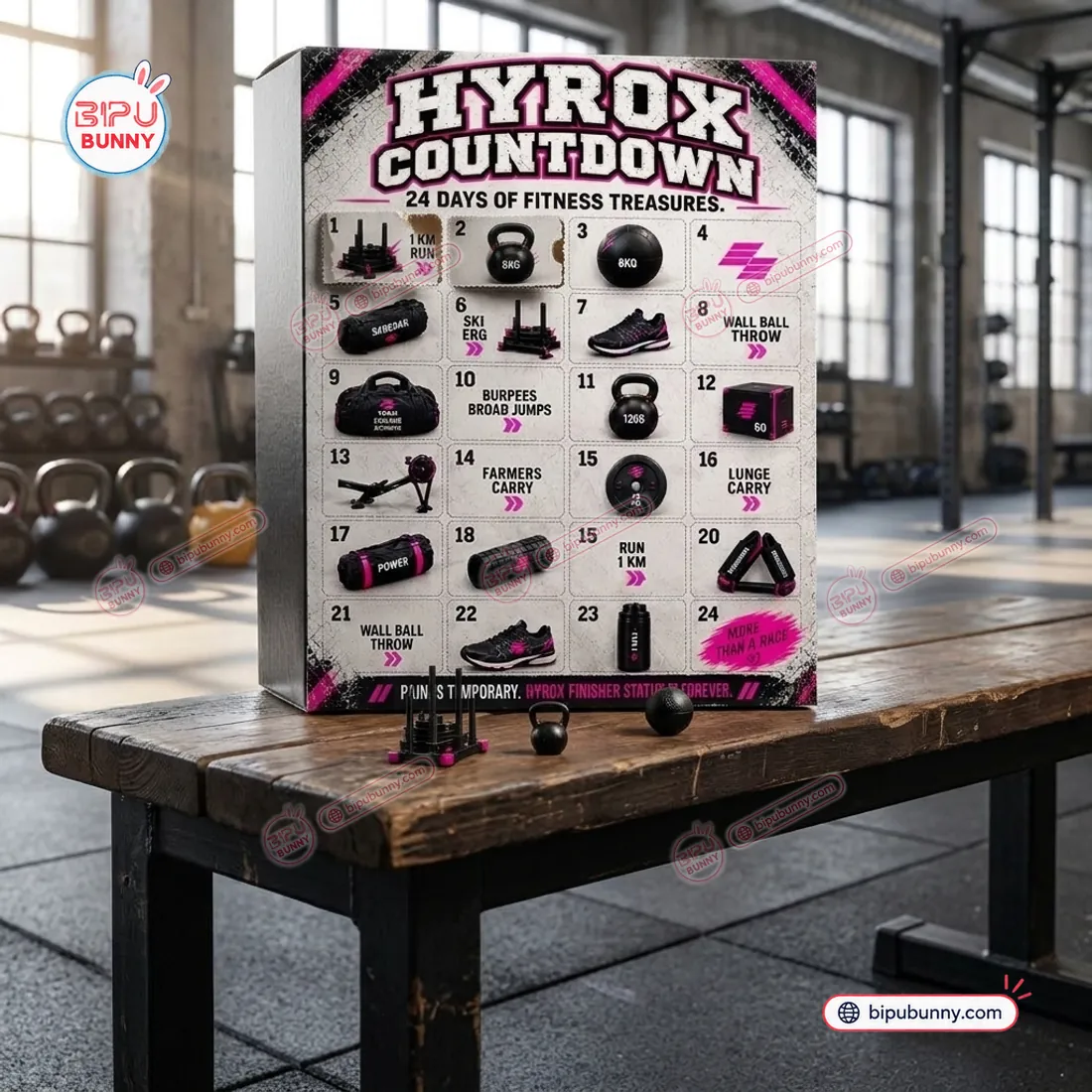 HYROX Fitness Advent Calendar 2026 box on a wooden gym bench with doors 1 to 3 opened revealing a miniature sled, kettlebell, and wall ball
