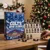 Front view of an Indianapolis Colts Advent Calendar with miniature player figurines arranged on a wooden table.