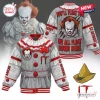 Front and back views of an IT Pennywise Horror Varsity Jacket with grey clown costume graphics and red balloon details.