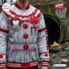 Front view of IT Pennywise Horror Varsity Jacket featuring clown graphics, red balloons, and striped collar.