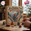Front view of an It's Climbing Time Mountaineering Advent Calendar box with miniature acrylic ornaments on a wooden table.