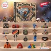 Front view of the mountaineering advent calendar box displayed with twenty-four miniature climbing gear figurines.