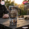Front view of Jack Daniels 140th Anniversary YETI Handle Tumbler on outdoor table.
