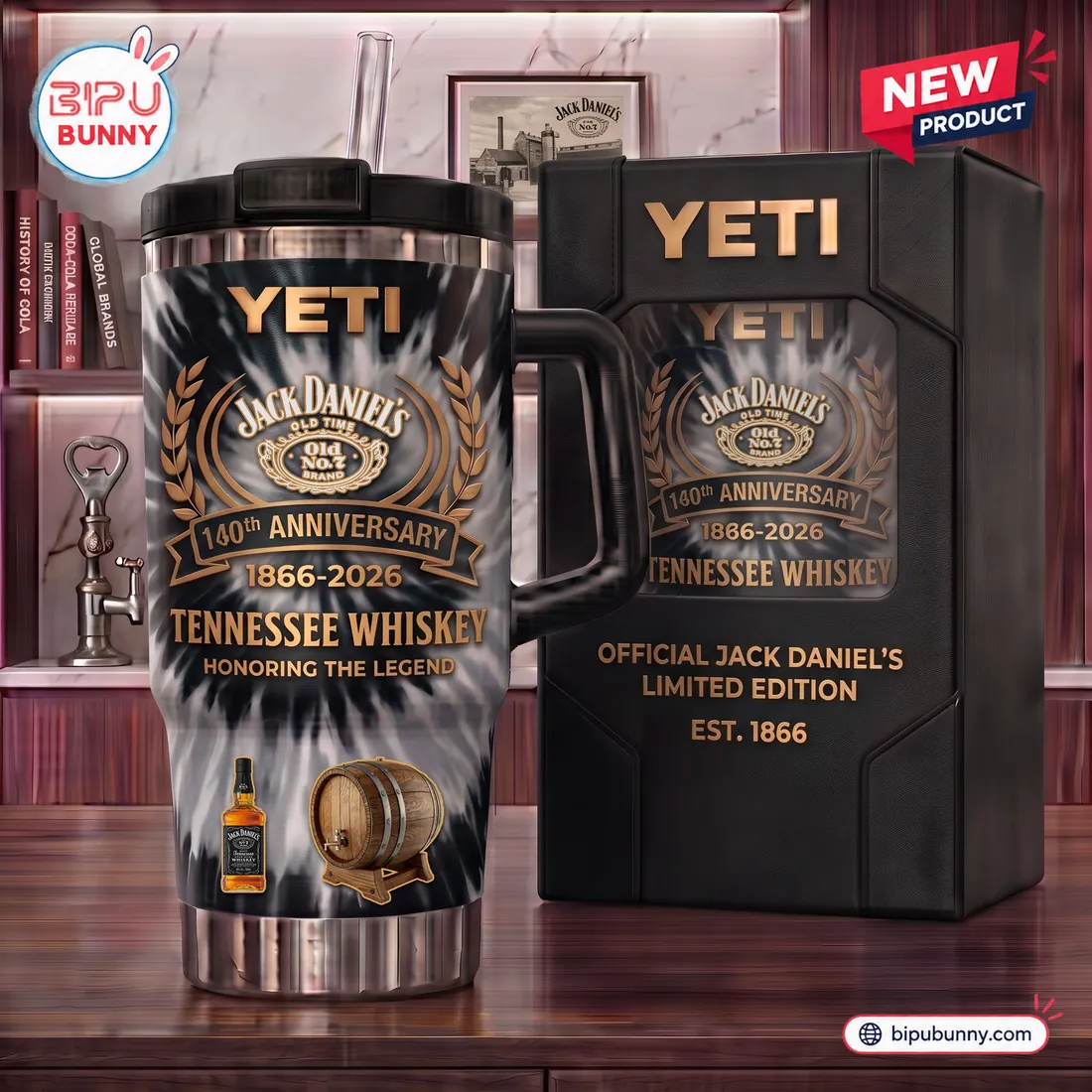 Jack Daniels 140th Anniversary YETI Handle Tumbler displayed on a home bar counter next to its black and gold window gift box