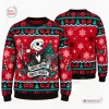 Front and back view of a Jack Skellington Sorta Spooky Ugly Christmas Sweater in red, black, and teal.