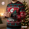 Front view of a Jack Skellington Sorta Spooky Ugly Christmas Sweater with festive holiday patterns.