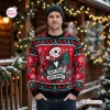 Man wearing a Jack Skellington Sorta Spooky Ugly Christmas Sweater in a snowy outdoor setting.
