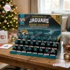 Front view of a Jacksonville Jaguars Christmas advent calendar on a table with mini figurines.