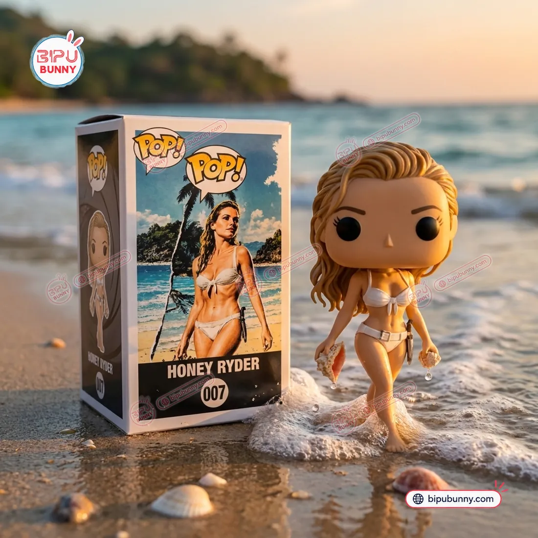 Honey Ryder #007 Dr. No 3D vinyl figure holding seashells beside printed tropical beach collector box