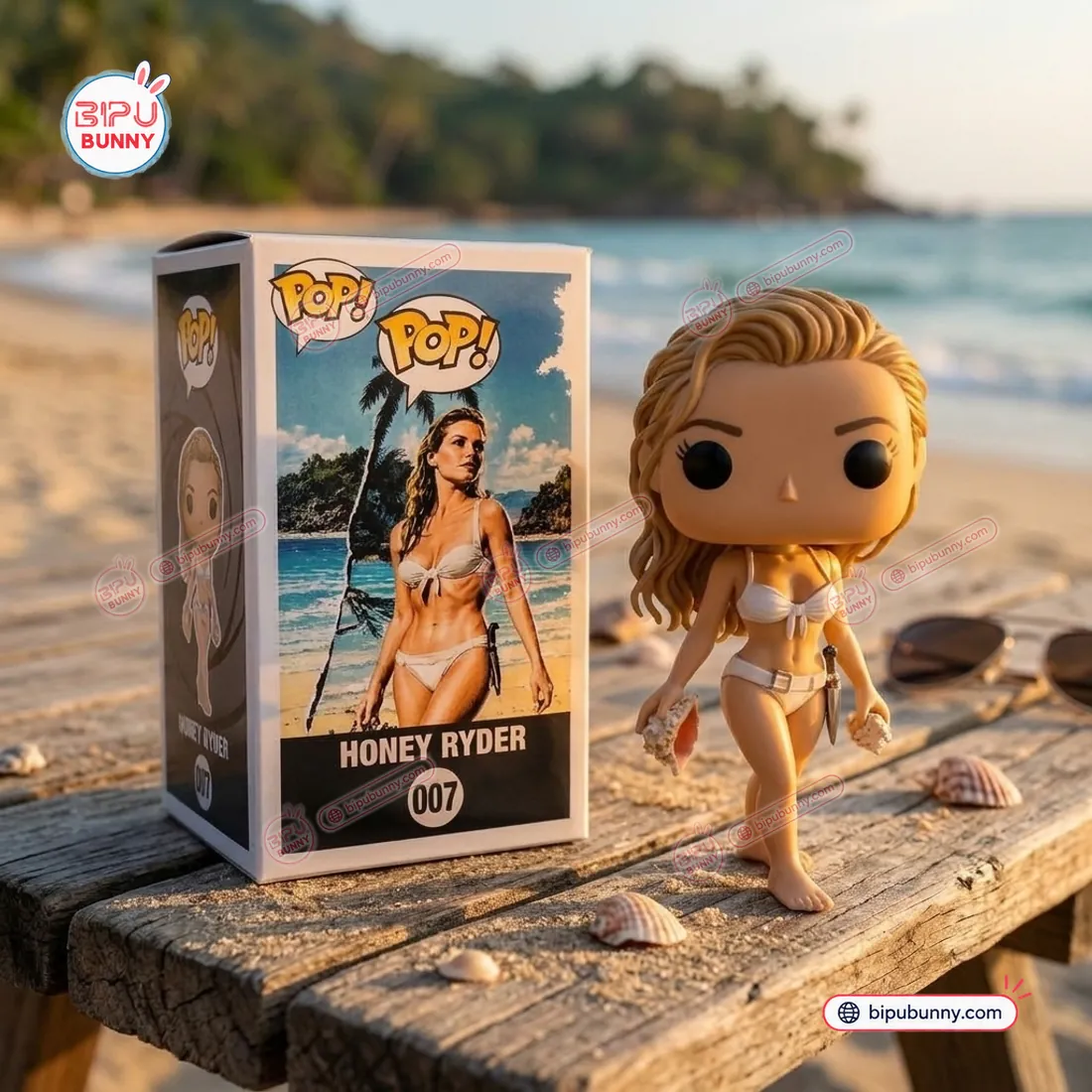 Close-up view of Honey Ryder 007 vinyl figure and full-color Crab Key collector packaging