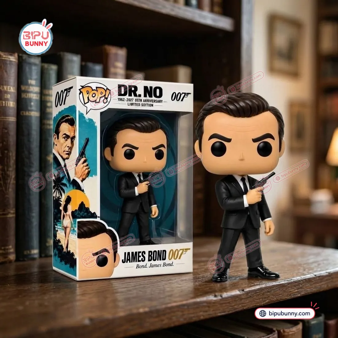 James Bond Dr. No 65th Anniversary 3D vinyl figure in black suit holding pistol beside windowed collector box