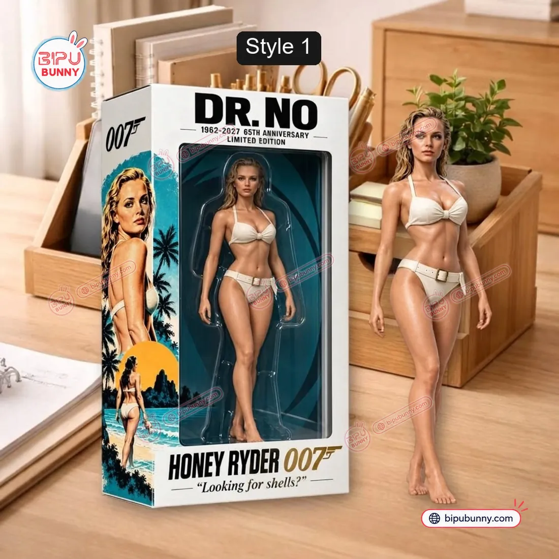 Style 1 Honey Ryder 007 Dr. No collectible figure in ivory bikini next to window display box