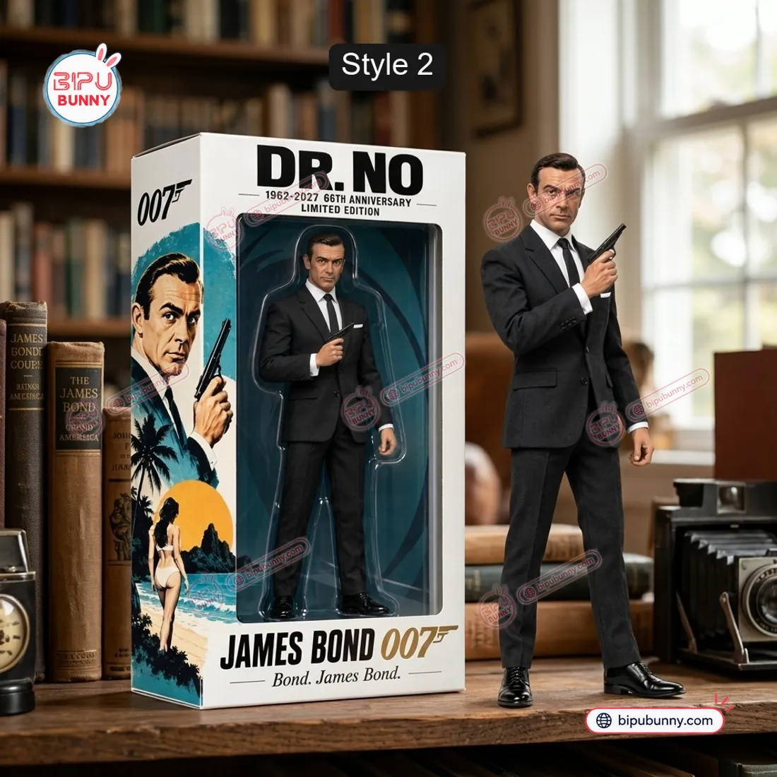 Style 2 James Bond 007 Sean Connery Dr. No collectible figure holding Walther PPK beside collector box
