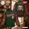Front and back view of a green and brown Jason Voorhees Hockey Mask Horror Varsity Jacket hanging in a rustic cabin.