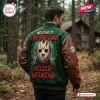 Rear view of Jason Voorhees Hockey Mask Horror Varsity Jacket in green with brown sleeves outdoors.