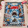 Front view of a Jaws Movie Personalized Blanket featuring a shark, characters, and the name William.