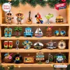 Front view of Jimmy Buffett Holiday Advent Calendar featuring miniature tropical themed hanging ornaments on wooden shelves.
