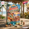 Front view of the Jimmy Buffett Holiday Advent Calendar with miniature charms on a wooden table.