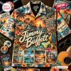 Front view of Jimmy Buffett Island Life Hawaiian Shirt featuring tropical sunset and guitar graphics.