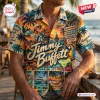 Front view of a Jimmy Buffett Island Life Hawaiian Shirt featuring a tropical sunset, palm trees, and guitar graphic.