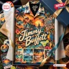 Front view of the Jimmy Buffett Island Life Hawaiian Shirt featuring tropical sunset graphics, palm trees, and coastal scenes.