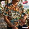 Front view of a Jimmy Buffett Island Life Hawaiian Shirt featuring tropical sunset and palm trees.