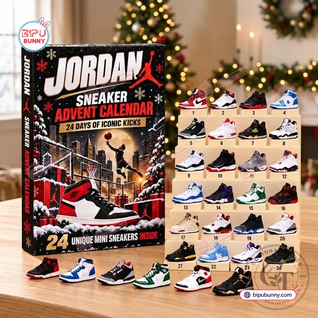 Jordan Sneaker Advent Calendar 2026 matte-black collector box beside 24 numbered freestanding 3D miniature sneakers