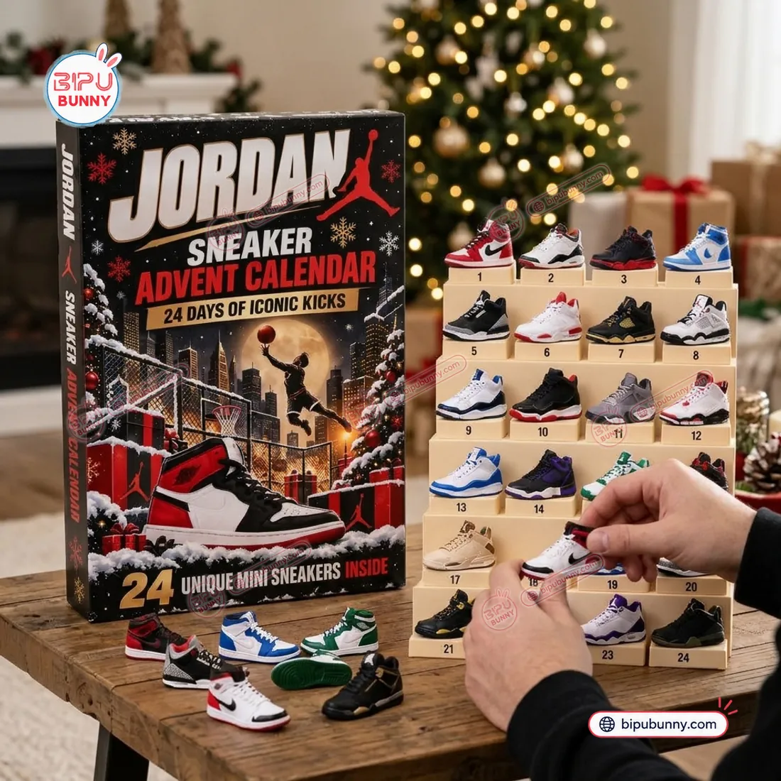 Close-up hand holding a miniature Chicago Air Jordan 1 sneaker showing molded laces, Swoosh, and green treaded outsole