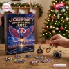 Front view of Journey Band 2027 Advent Calendar with musical memorabilia charms on wooden table.