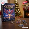 Front view of Journey Band 2027 Advent Calendar box with musical pins on a wooden table.
