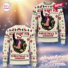 Front and back view of a cream holiday sweater with festive patterns and Jungkook Christmas text.