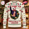Front view of a white holiday sweater featuring a printed portrait inside a wreath.