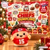 Front view of a Kansas City Chiefs Dumpling Advent Calendar with a matching figure in foreground.