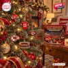 Front view of a Kansas City Chiefs Kingdom Christmas Advent Calendar on a table with decorated tree ornaments.
