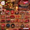 Front view of Kansas City Chiefs Kingdom Christmas Advent Calendar ornaments displayed on a table.