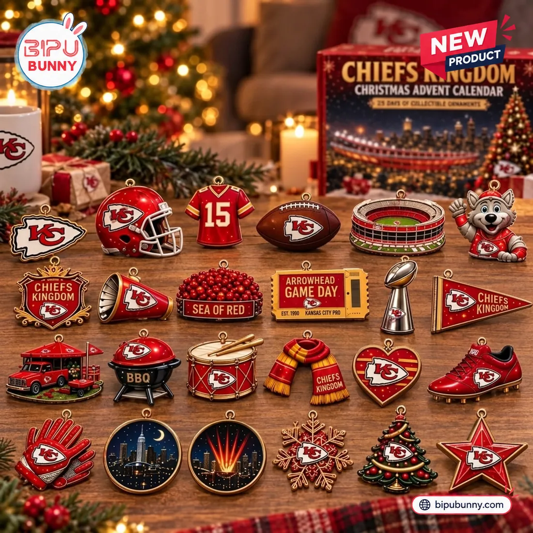 Front view of Kansas City Chiefs Kingdom Christmas Advent Calendar ornaments displayed on a table.