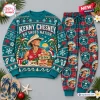 Front view of Kenny Chesney No Shoes Nation Christmas sweatshirt and jogger set with tropical beach holiday graphic.