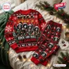 Front view of the KISS 2026 Christmas Sweater and Jogger Pants Set with band members in Santa hats.
