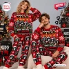 Front view of matching red Christmas sweaters and plaid pants set featuring band graphics.