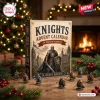 Front view of Knights Medieval Advent Calendar box on a wooden table with miniature knight figures surrounding it.