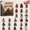 Front view of the Knights Medieval Advent Calendar box alongside 24 miniature knight figurines.