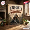 Front view of the Knights Medieval Advent Calendar box resting on a wooden table with pinecones and holly.