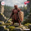 Front view of a red dragon knight figurine holding a sword and shield with a lion emblem.