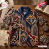 Front view of Knights of Columbus Crusader Hawaiian Shirt featuring knight, crosses, and cathedral graphics.