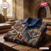 Folded Knights of Columbus Crusader Hawaiian Shirt featuring a medieval knight graphic on a wooden table.